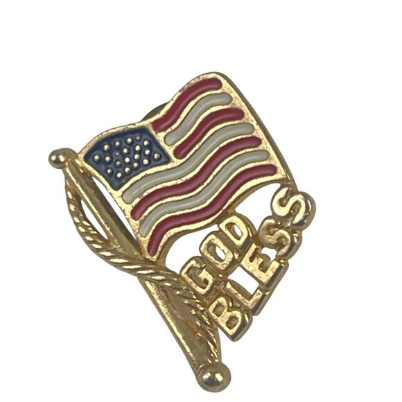 God Bless American Flag Gold Lapel Pin With Red White & Blue Enamel Patriotic Ac - Picture 6 of 7